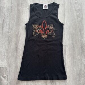 Y2K House Of Blues Tank Top Womens M Black Fleur De Lis Dragon Graphic Music